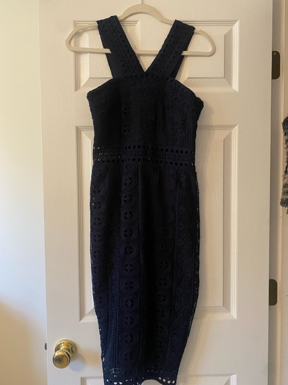 Lulu's Navy Eyelet Cross-Back Midi Dress
